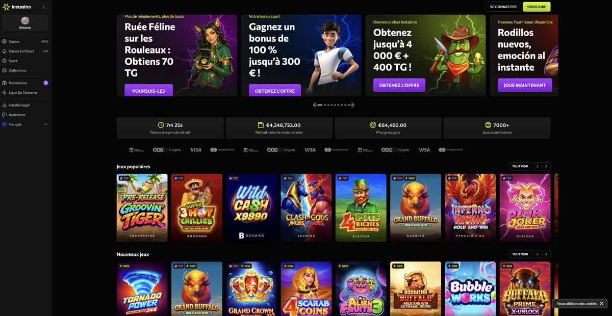 Page d&rsquo;accueil d&rsquo;Instasino avec le bonus de bienvenue et les jeux populaires