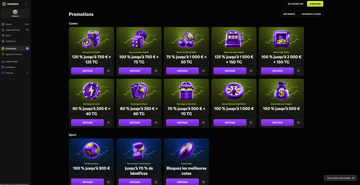 Page des promotions Instasino avec les bonus de d&eacute;p&ocirc;t et les recharges hebdomadaires