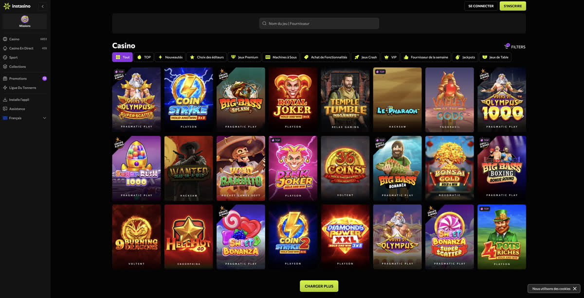 Catalogue de machines &agrave; sous Instasino : Gates of Olympus, Coin Strike, Big Bass Splash