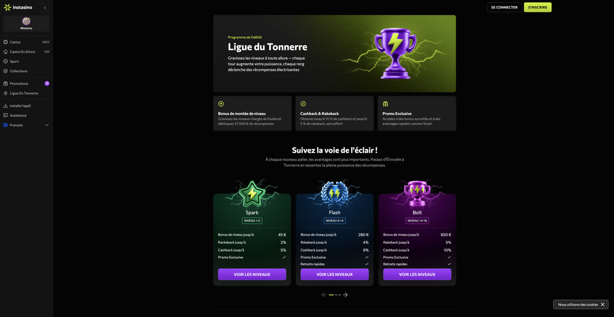 Programme de fid&eacute;lit&eacute; Ligue du Tonnerre sur Instasino avec les paliers Spark, Flash et Bolt